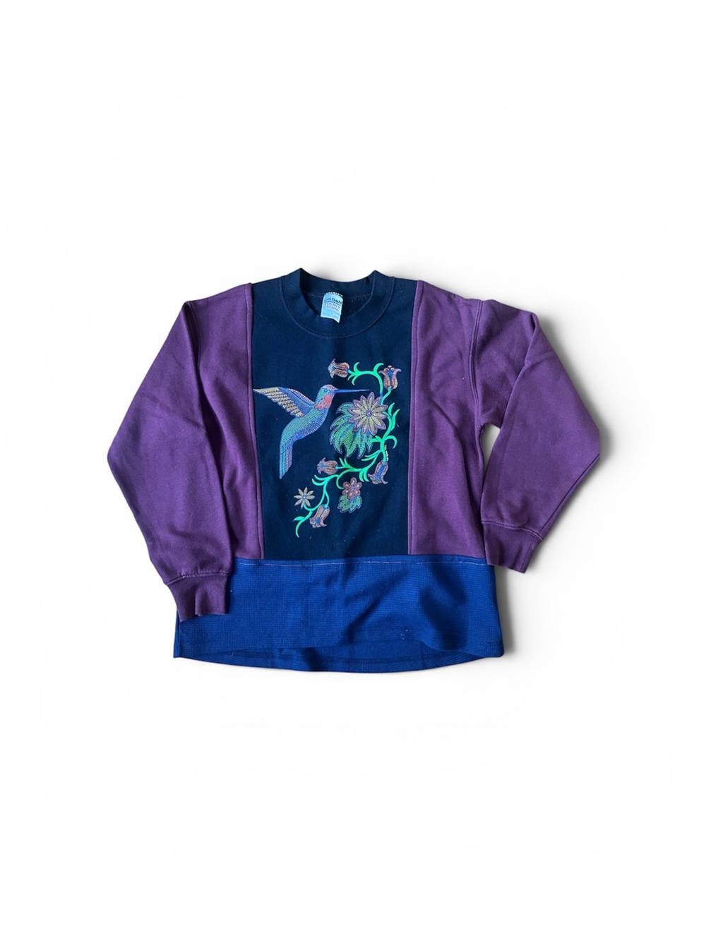 Upcycled Colorblock Hummingbird Sweatshirt - Purple & Blue